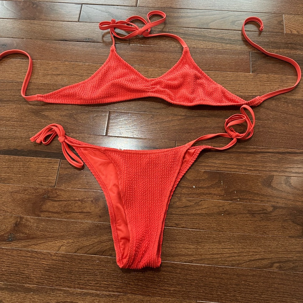 Aerie Red Bikini Swimwear with Textured Design